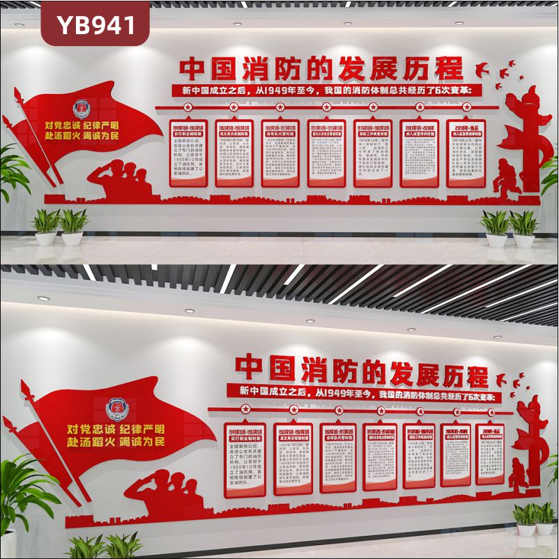 中国消防的发展历程变革时间几何组合展示墙走廊中国红立体长城装饰墙贴