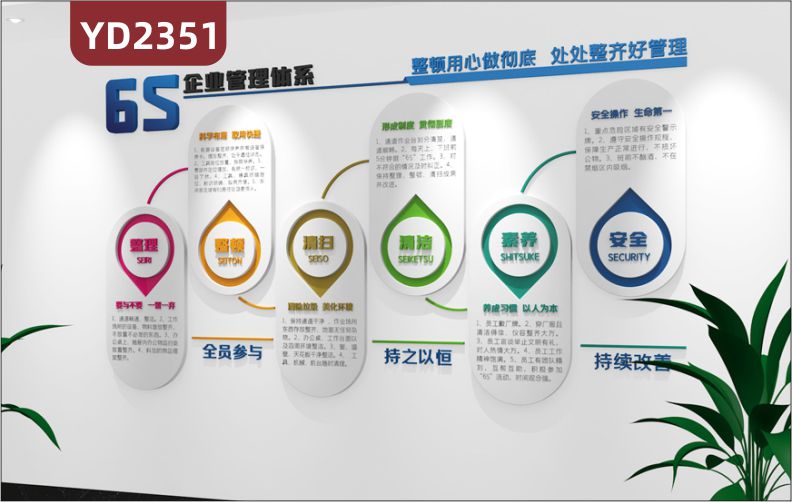 3D立体公司企业文化墙办公室墙面装饰工厂车间6S企业管理体系整理整顿清扫清洁素养安全标语背景墙