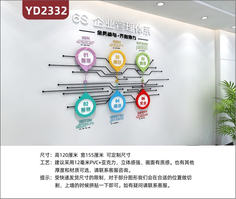 3D立体公司企业文化墙办公室墙面装饰工厂车间6S企业管理体系整理整顿清扫清洁整理安全