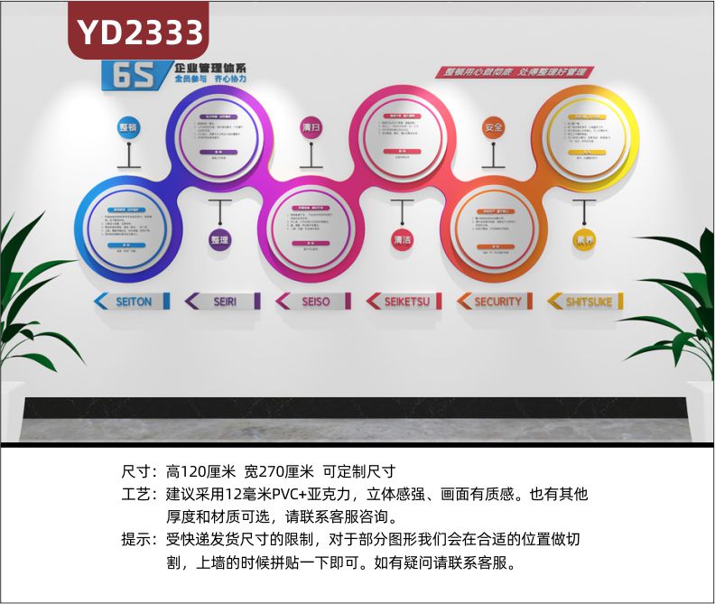 3D立体公司企业文化墙办公室墙面装饰工厂车间6S企业管理体系整理整顿清扫清洁安全素养