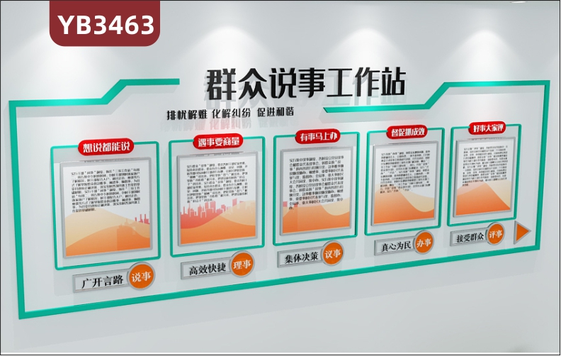 社区群众说事工作站排忧解难化解纠纷促进和谐说事理事议事办事评事文化墙背景墙