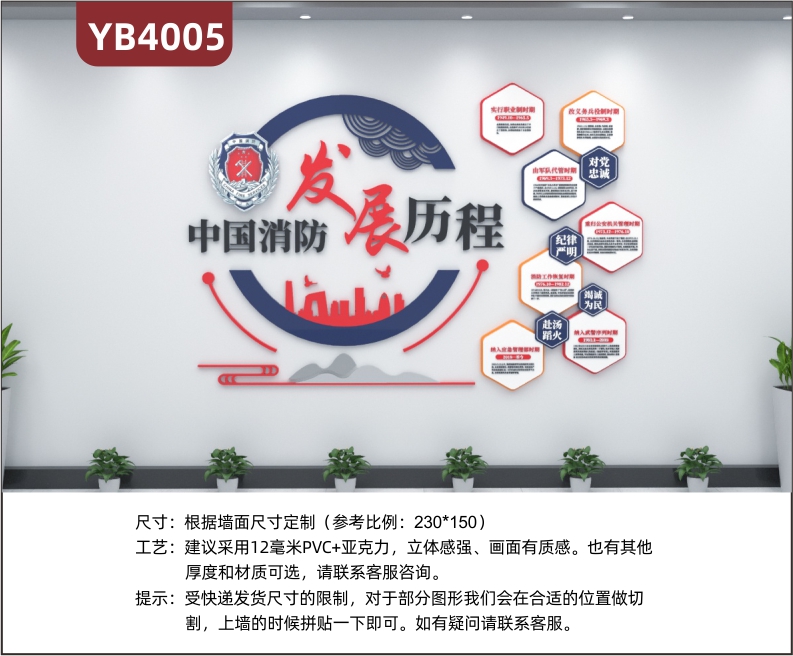 中国消防发展历程几何组合装饰墙贴走廊牢记党的嘱托立体标语宣传墙