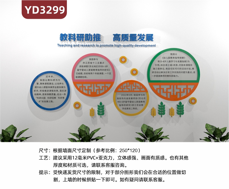 幼儿园历程设计背景墙教科研助推高质量发展语录圆形小草装饰展示墙