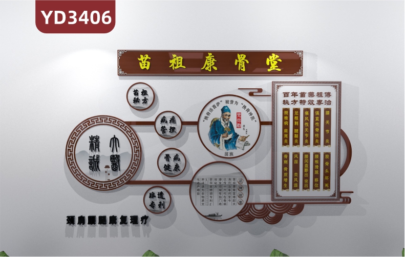 苗祖康骨堂苗医馆文化主题墙颈肩腰腿康复理疗宣传墙面养生背景墙装饰