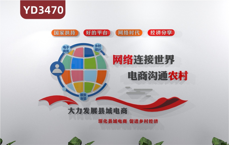 定制农村电商立体亚克力文化墙 网络连接世界电商沟通农村国家扶持好的平台网络时代经济分享大力发展县域电商深化县域电商 促进乡村经济