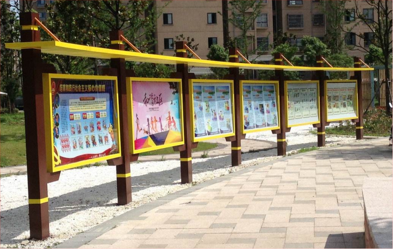 社区带顶棚 带液压杆橱窗 不锈钢镀锌板复古油漆 宣传栏