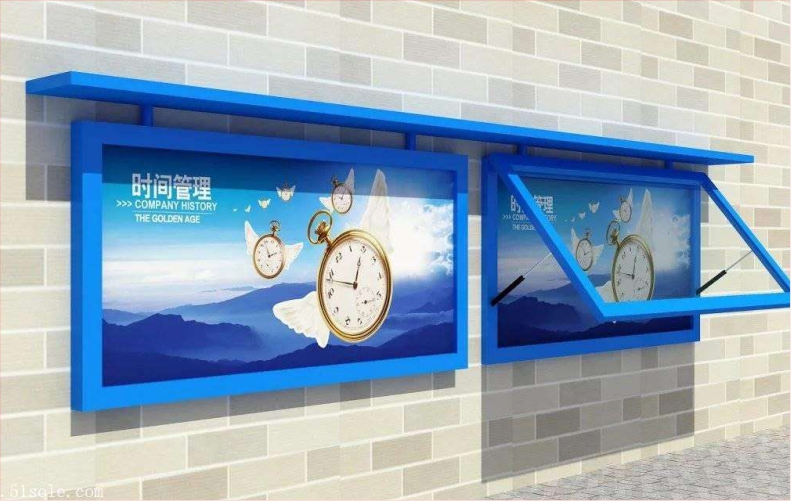 带顶棚挂墙式 带液压杆橱窗 不锈钢镀锌板蓝色烤漆 宣传栏