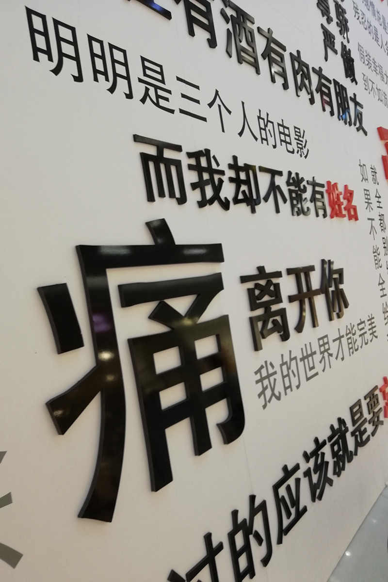 12MM厚度黑色PVC亮光板立体雕刻字实物上墙细节展示图 